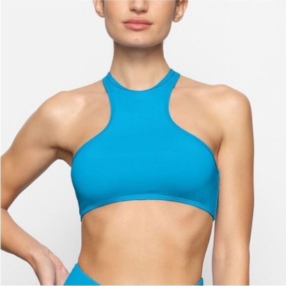 SKIMS NWT Recycled Swim High Neck Racerback Top in Turquoise Size Small - Picture 1 of 6